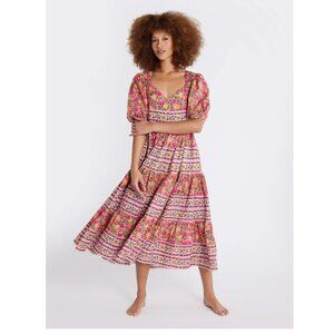 MILLE Resort Maja Dress Passionfruit Block Print Midi Dress Puff Sleeves Tiered